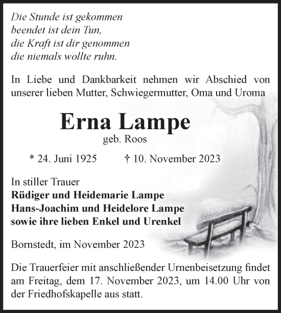 Traueranzeige von Erna Lampe von Volksstimme Haldensleben/Wolmirstedt