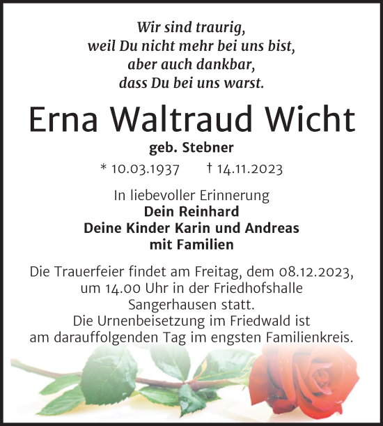 Traueranzeige von Erna Waltraud Wicht von Trauerkombi Sangerhausen