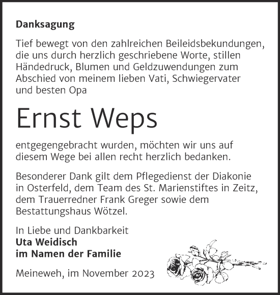 Traueranzeige von Ernst Weps von Trauerkombi Zeitz