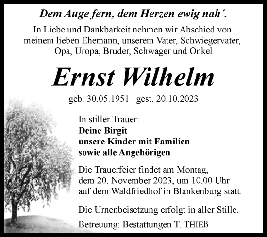 Traueranzeige von Ernst Wilhelm von Volksstimme Wernigerode