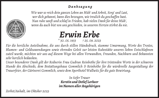 Traueranzeige von Erwin Erbe von Volksstimme Zerbst