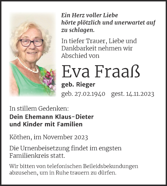 Traueranzeige von Eva Fraaß von Trauerkombi Köthen