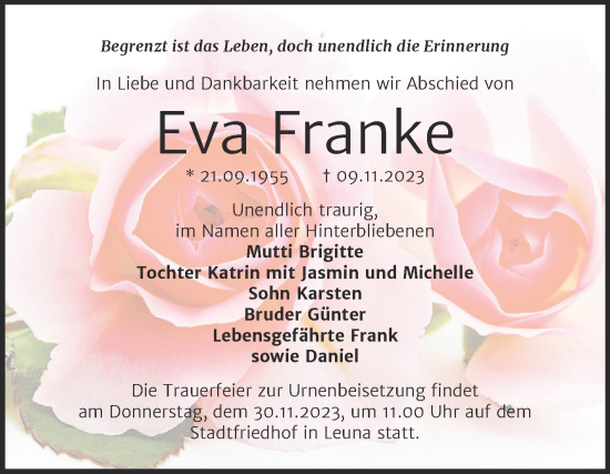 Traueranzeige von Eva Franke von Trauerkombi Merseburg