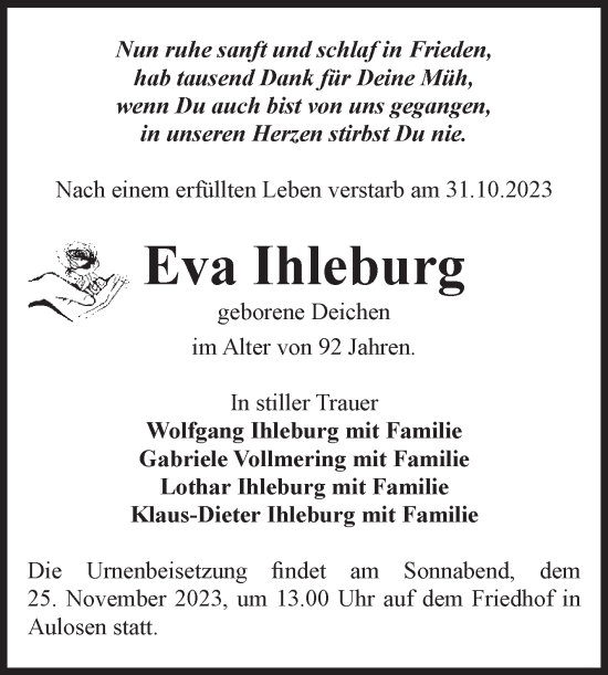 Traueranzeige von Eva Ihleburg von Volksstimme Altmark Ost