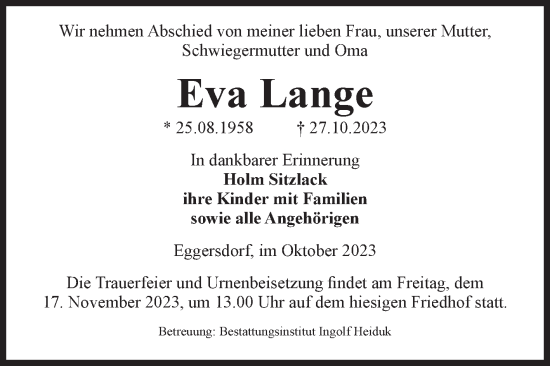 Traueranzeige von Eva Lange von Volksstimme Magdeburg