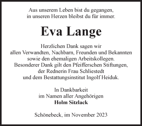 Traueranzeige von Eva Lange von Volksstimme Schönebeck