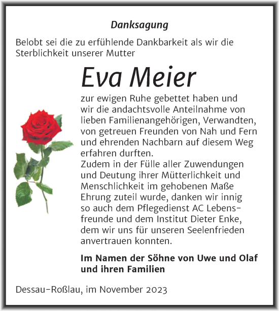 Traueranzeige von Eva Meier von Trauerkombi Dessau