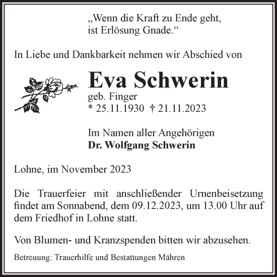 Traueranzeige von Eva Schwerin von Volksstimme Altmark West