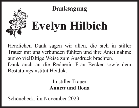Traueranzeige von Evelyn Hilbrich von Volksstimme Schönebeck