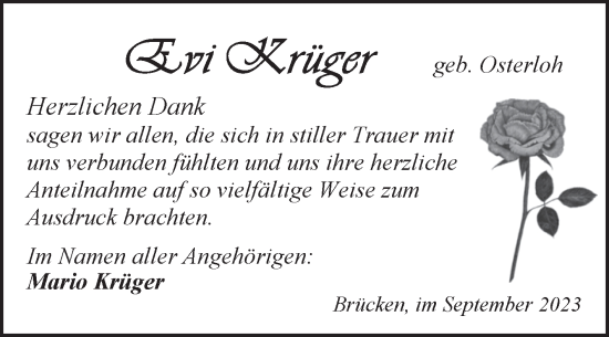 Traueranzeige von Evi Krüger von Trauerkombi Sangerhausen