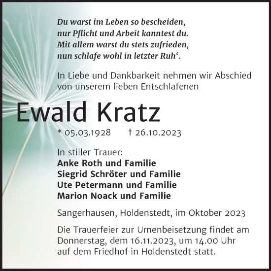 Traueranzeige von Ewald Kratz von Trauerkombi Sangerhausen