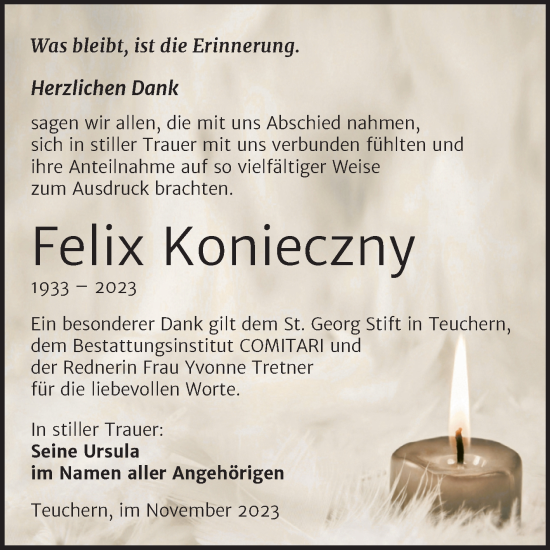Traueranzeige von Felix Konieczny von Trauerkombi Weißenfels