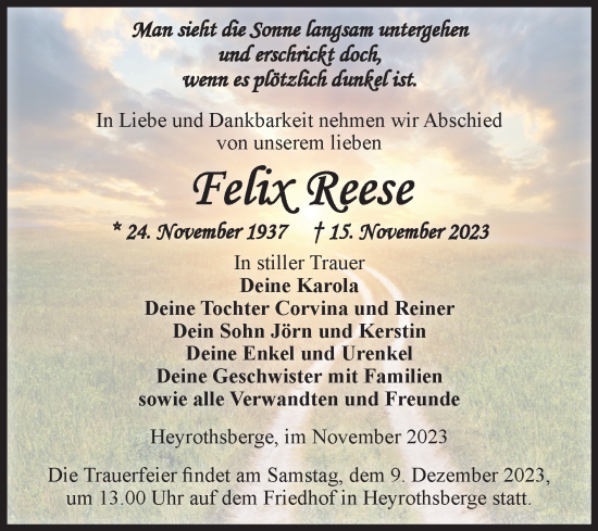 Traueranzeige von Felix Reese von Volksstimme Burg/Genthin