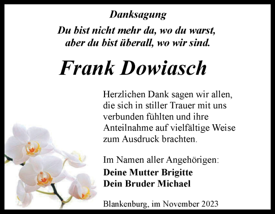 Traueranzeige von Frank Dowiasch von Volksstimme Wernigerode