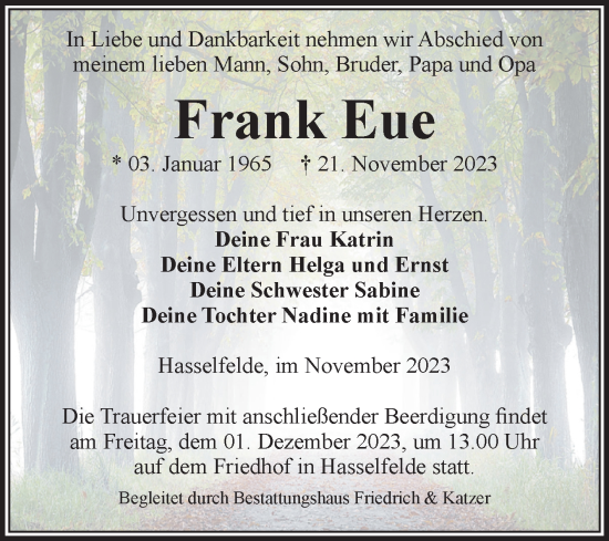Traueranzeige von Frank Eue von Volksstimme Wernigerode