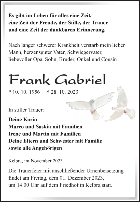 Traueranzeige von Frank Gabriel von Trauerkombi Sangerhausen