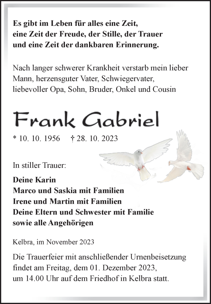  Traueranzeige für Frank Gabriel vom 11.11.2023 aus Trauerkombi Sangerhausen