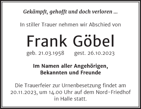 Traueranzeige von Frank Göbel von Trauerkombi Mansfelder Land