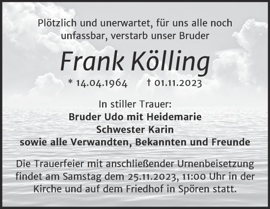 Traueranzeige von Frank Kölling von Trauerkombi Bitterfeld