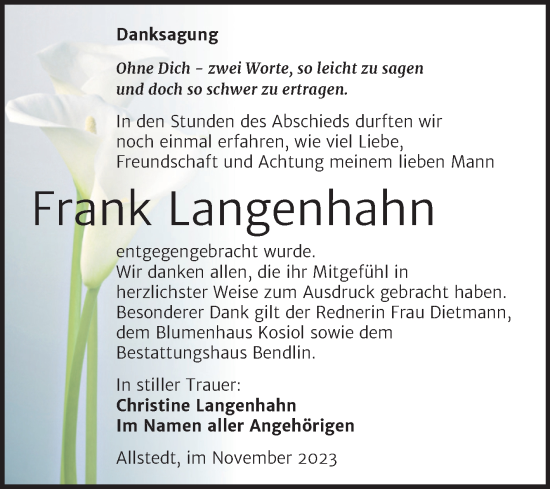 Traueranzeige von Frank Langenhahn von Trauerkombi Sangerhausen