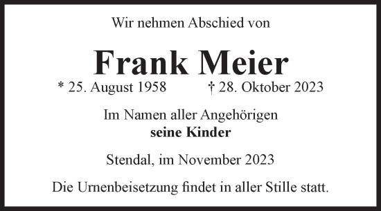 Traueranzeige von Frank Meier von Volksstimme Altmark Ost