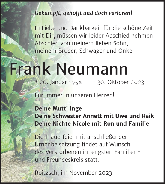 Traueranzeige von Frank Neumann von Trauerkombi Bitterfeld