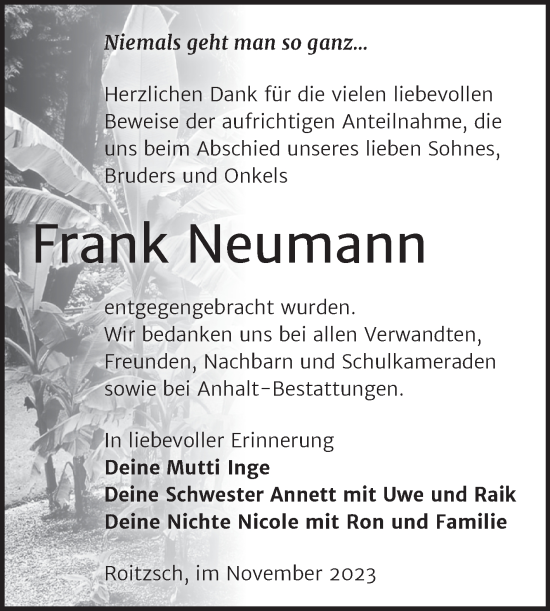 Traueranzeige von Frank Neumann von Trauerkombi Bitterfeld