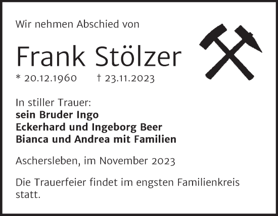 Traueranzeige von Frank Stölzer von Trauerkombi Aschersleben