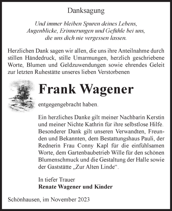 Traueranzeige von Frank Wagener von Volksstimme Altmark Ost