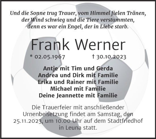 Traueranzeige von Frank Werner von Trauerkombi Merseburg