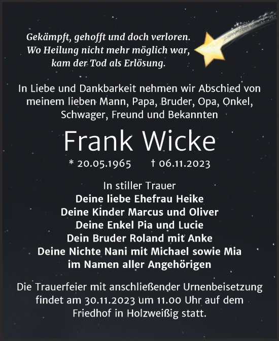 Traueranzeige von Frank Wicke von Trauerkombi Bitterfeld