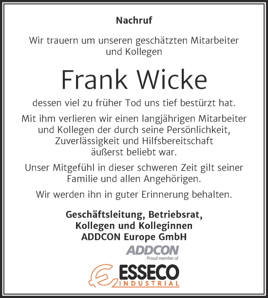 Traueranzeige von Frank Wicke von Wochenspiegel Bitterfeld