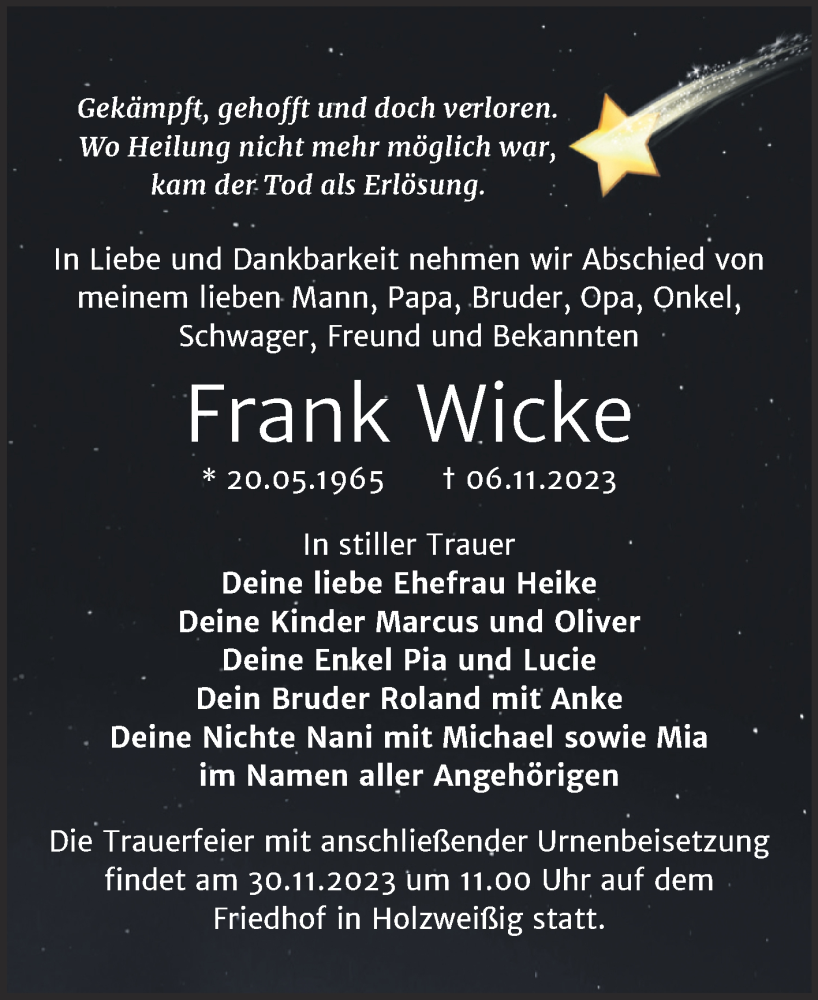  Traueranzeige für Frank Wicke vom 18.11.2023 aus Trauerkombi Bitterfeld