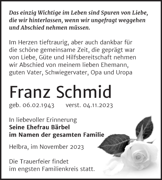 Traueranzeige von Franz Schmid von Trauerkombi Mansfelder Land