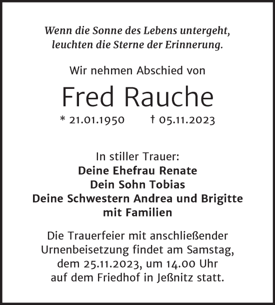Traueranzeige von Fred Rauche von Trauerkombi Bitterfeld