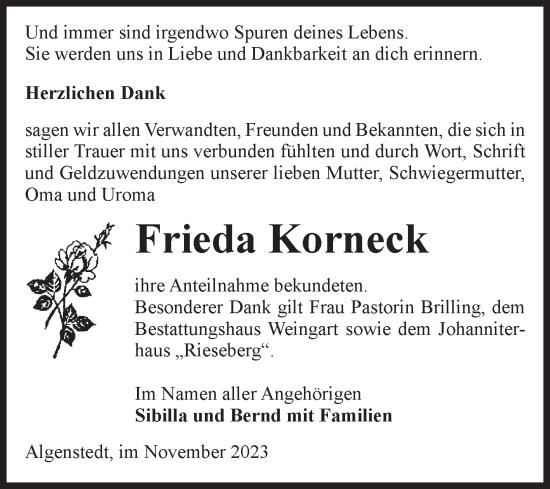 Traueranzeige von Frieda Korneck von Volksstimme Altmark West