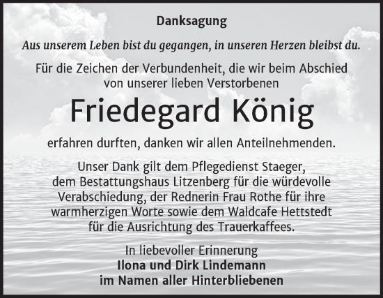 Traueranzeige von Friedegard König von Trauerkombi Mansfelder Land