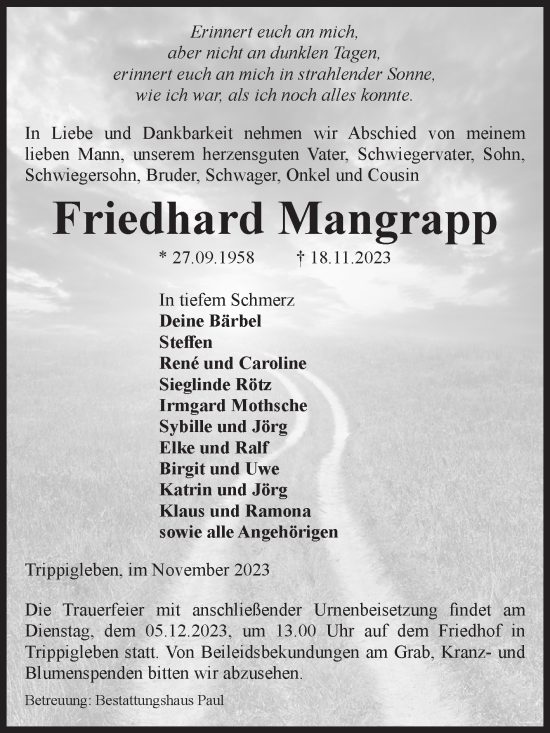 Traueranzeige von Friedhard Mangrapp von Volksstimme Altmark West