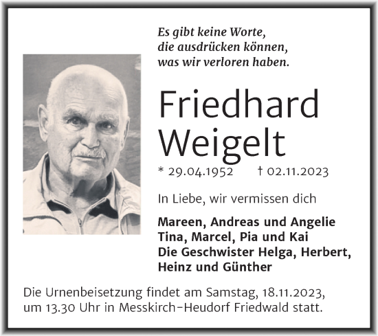 Traueranzeige von Friedhard Weigelt von Trauerkombi Mansfelder Land