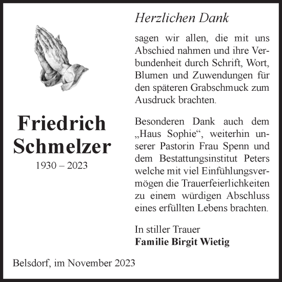 Traueranzeige von Friedrich Schmelzer von Volksstimme Haldensleben/Wolmirstedt
