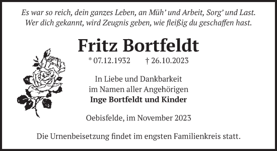 Traueranzeige von Fritz Bortfeldt von Volksstimme Altmark West