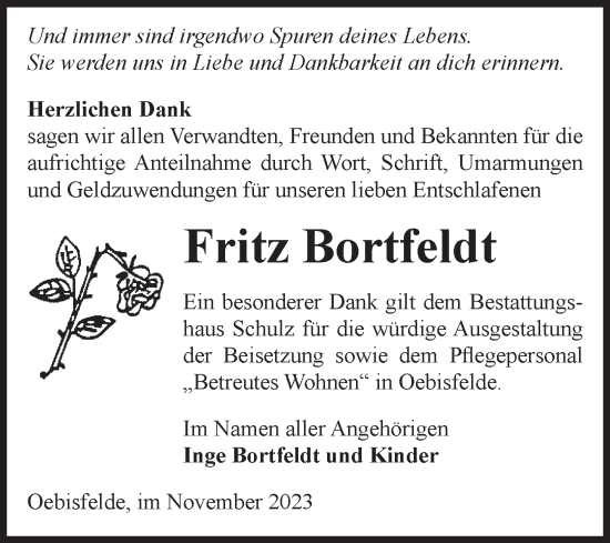 Traueranzeige von Fritz Bortfeldt von Volksstimme Altmark West