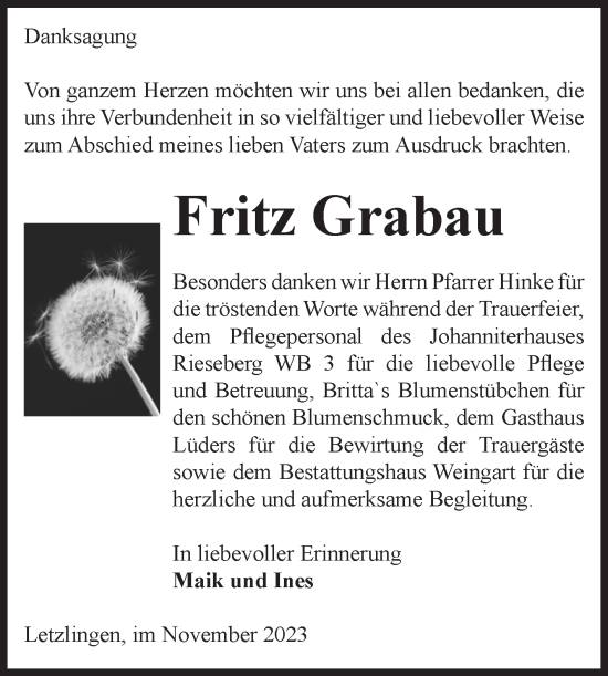 Traueranzeige von Fritz Grabau von Volksstimme Altmark West