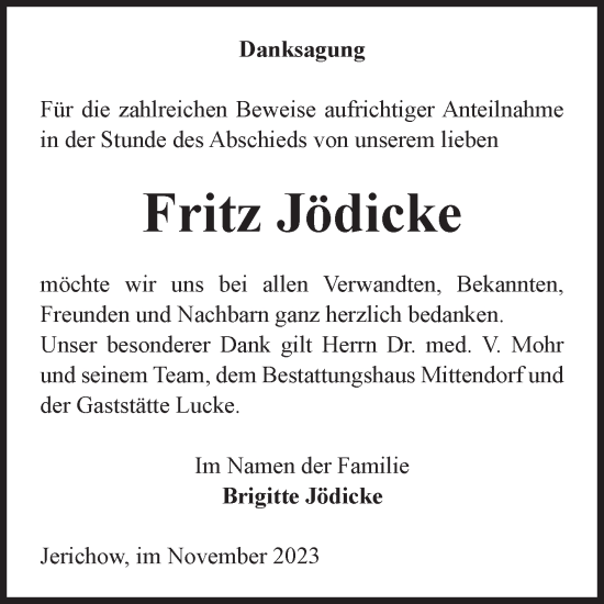 Traueranzeige von Fritz Jödicke von Volksstimme Burg/Genthin