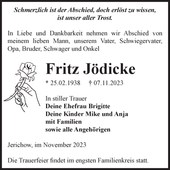 Traueranzeige von Fritz Jödicke von Volksstimme Burg/Genthin