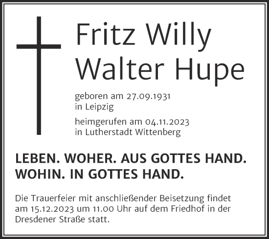 Traueranzeige von Fritz Willy Walter Hupe von Trauerkombi Wittenberg