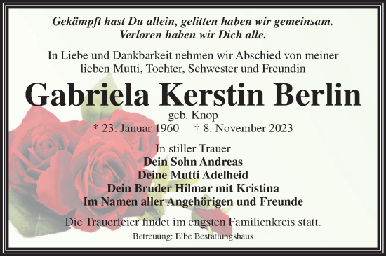 Traueranzeige von Gabriela Kerstin Berlin von Volksstimme Magdeburg