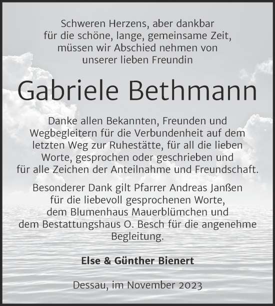 Traueranzeige von Gabriele Bethmann von Trauerkombi Dessau