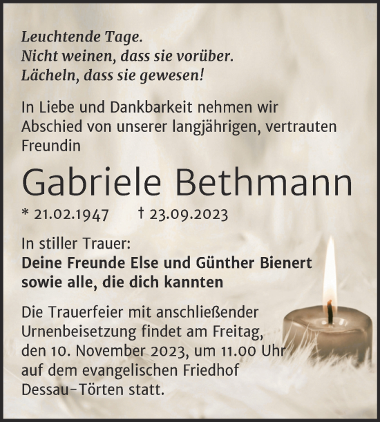 Traueranzeige von Gabriele Bethmann von Trauerkombi Dessau
