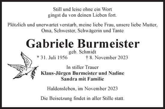 Traueranzeige von Gabriele Burmeister von Volksstimme Haldensleben/Wolmirstedt